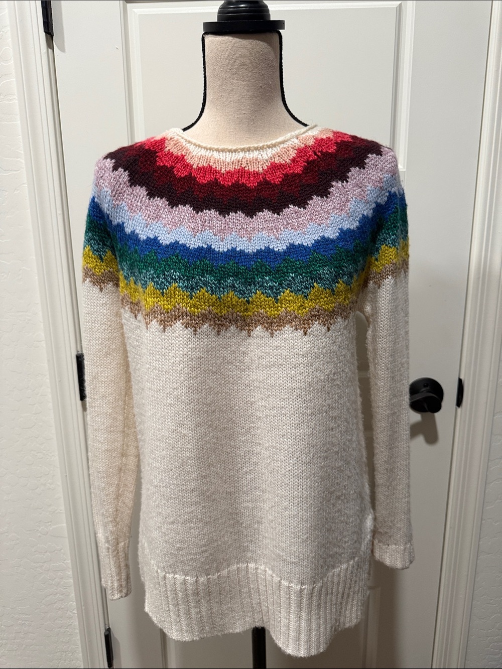 American Eagle Outfitters Cream Sweater with Rainbow Fair Isle Yoke